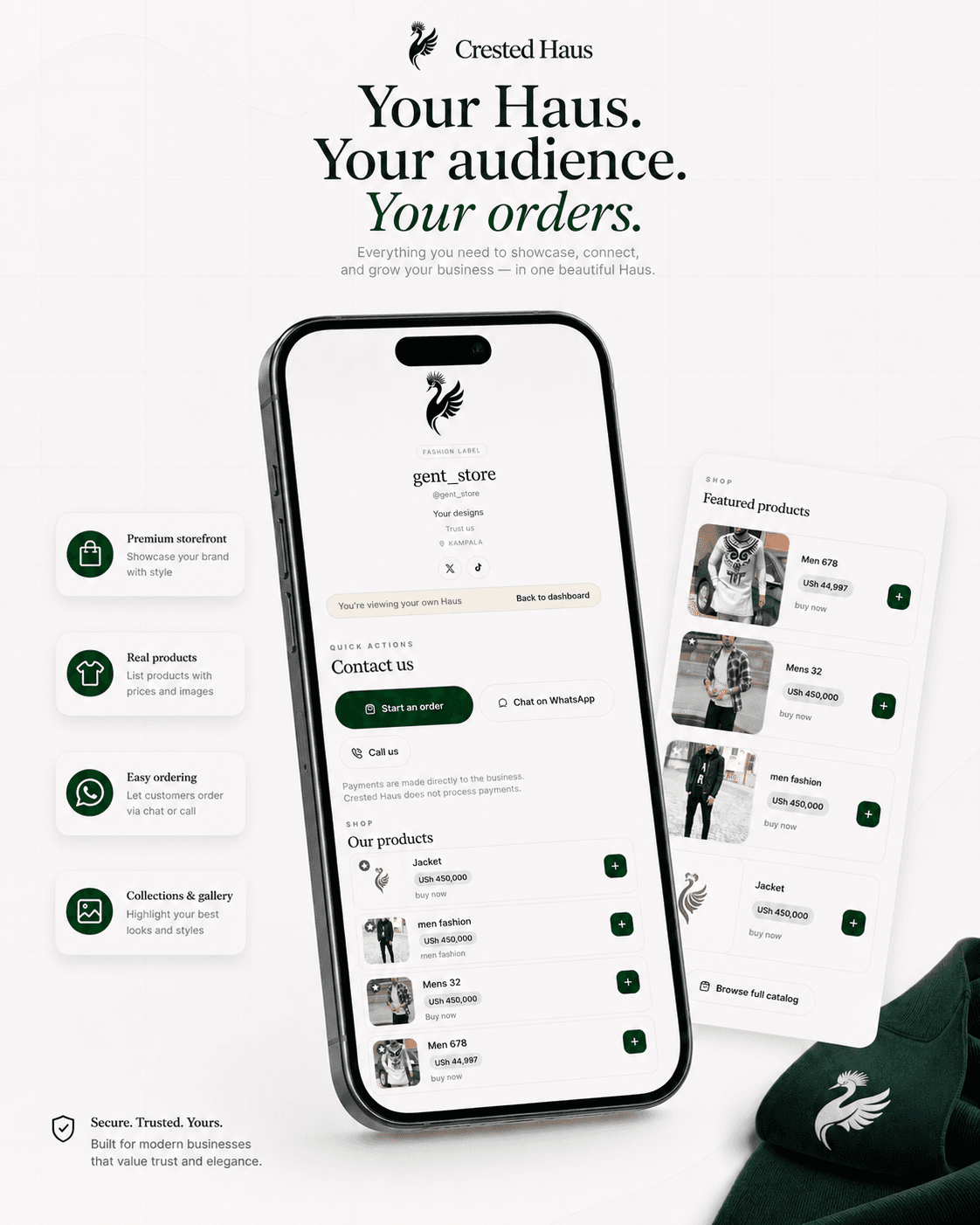 A Crested Haus storefront for gent_store on a phone with quick-action contact buttons, a second phone displaying featured products, and floating cards explaining premium storefront, real product listings, easy ordering and the gallery.