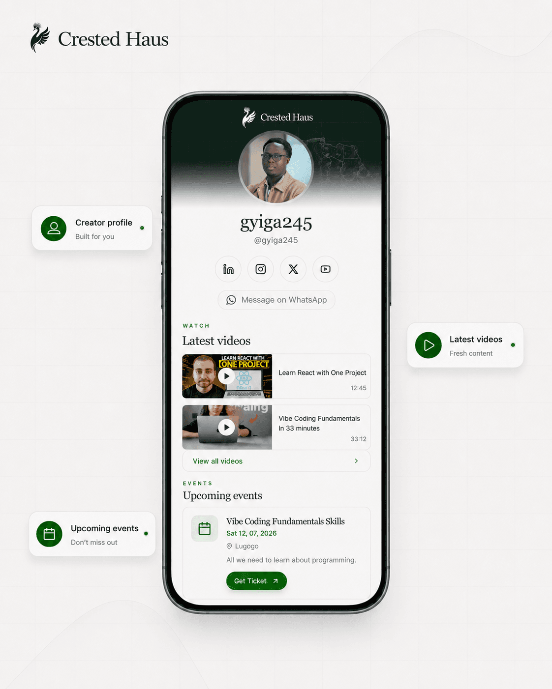 A Crested Haus creator profile for gyiga245 on a phone showing latest videos and upcoming events, with floating cards labelling 'Creator profile' and 'Upcoming events'.