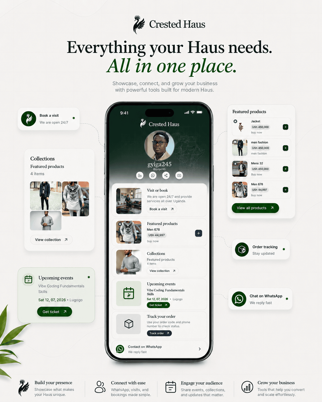 A Crested Haus profile on a phone, surrounded by floating cards highlighting features: book a visit, featured products, collections, upcoming events, order tracking, and WhatsApp chat.